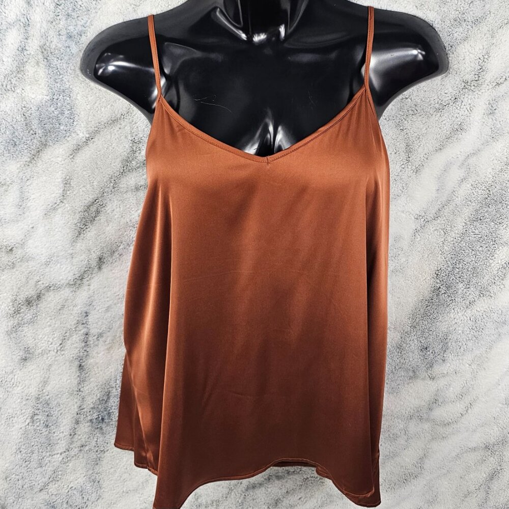 XXL Satin V-Neck Copper Brown Super Soft Cami Top Flowy Summer Basic Camisole